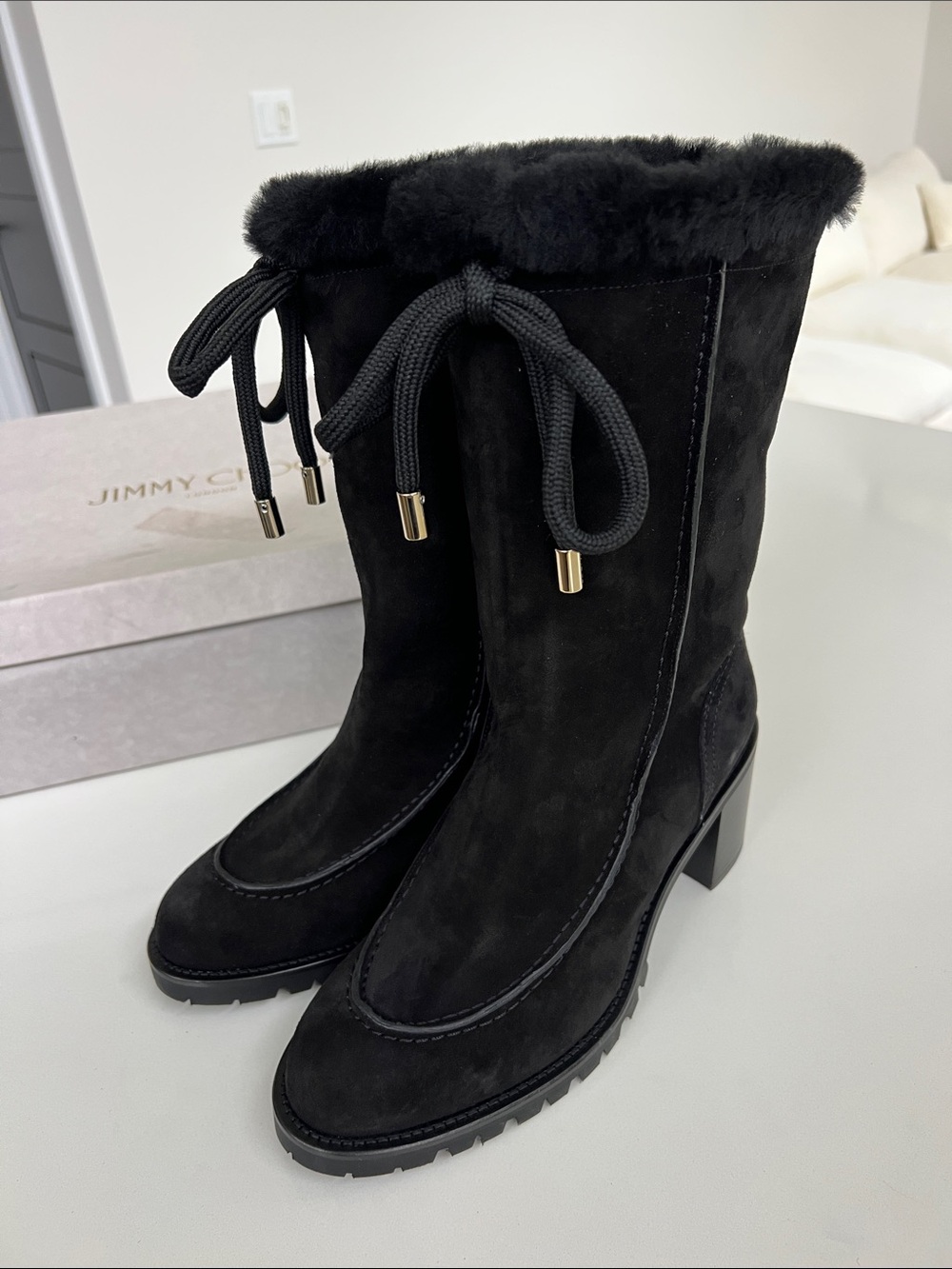 Jimmy Choo buffy 65 black suede block heeled boots calf height shearling booties